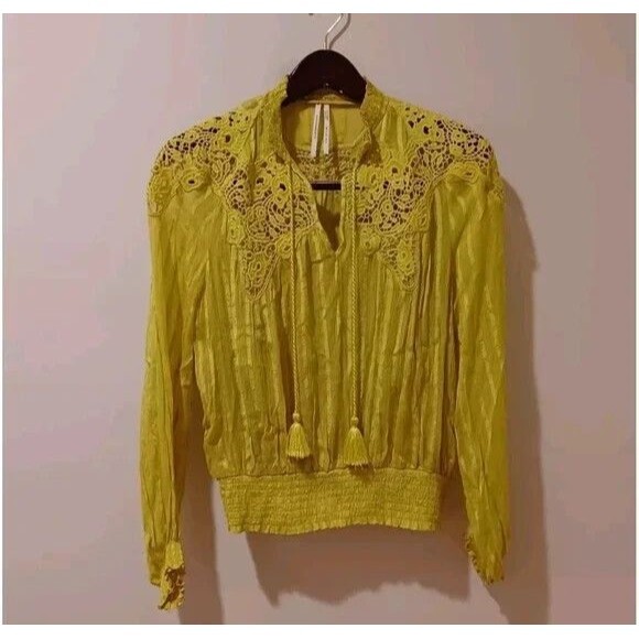 Anthropologie Moira Shirt Peasant Blouse in Chartreuse Yellow Size 6 Lace Boho - Picture 2 of 7